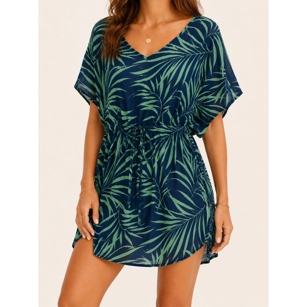 NWT Napua Collection Tropical Leaf Rayon Kaftan Dress Cover Up OS‎ Resort Boho